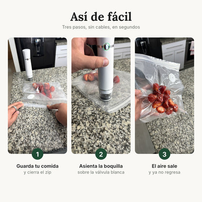 Cómo funciona: cierra el zip, boquilla sobre la válvula, el aire sale
