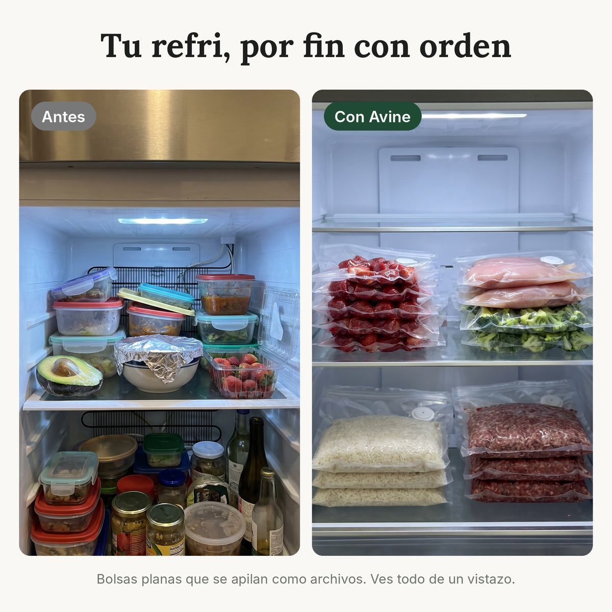 Refri antes y después con bolsas al vacío planas y apilables