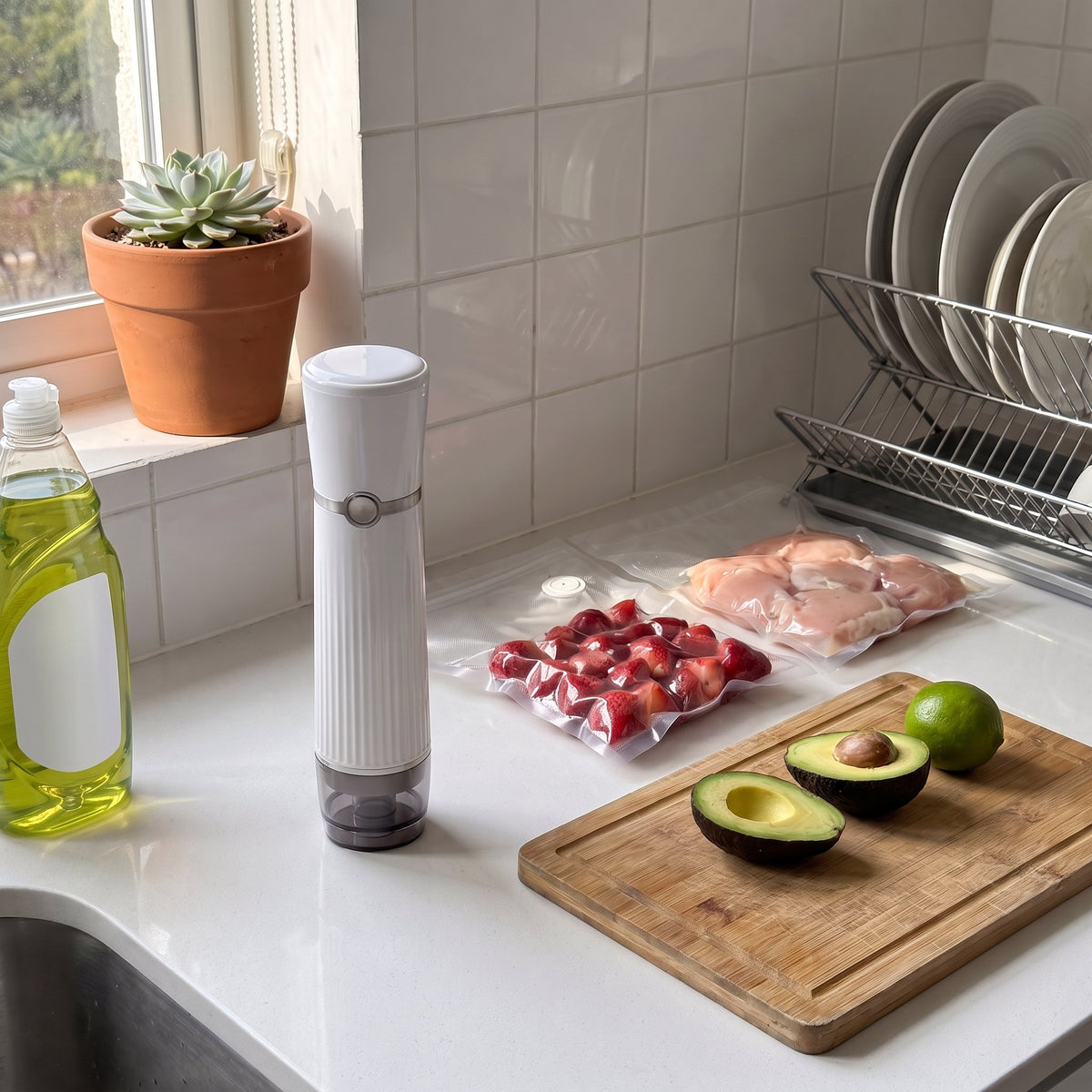 Sellador Avine en una cocina, junto a bolsas selladas y aguacates