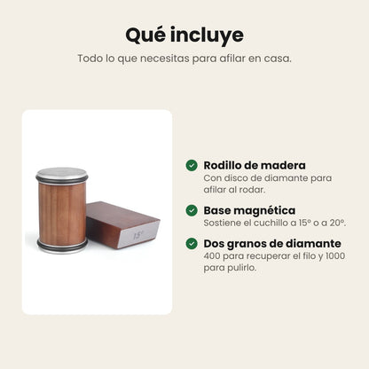 Qué incluye el afilador rodante: rodillo, base magnética y discos de diamante 400 y 1000