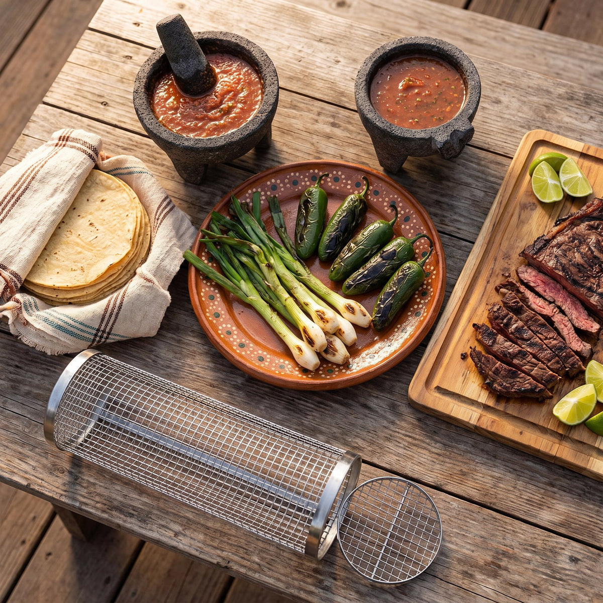 Mesa de carne asada con tortillas, molcajete y canasta rodante
