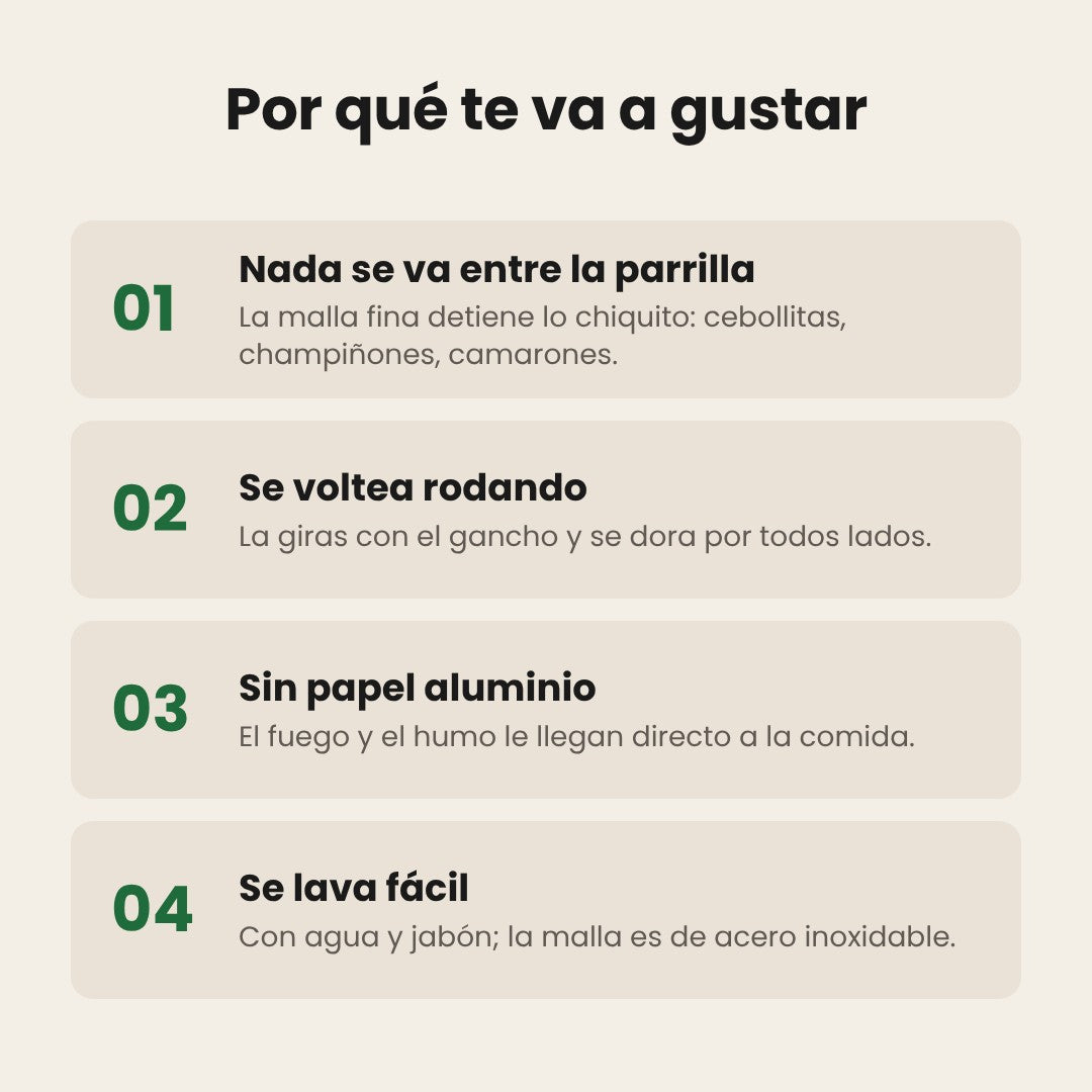 Beneficios de la canasta rodante: nada se cae, se voltea rodando, sin papel aluminio, se lava fácil
