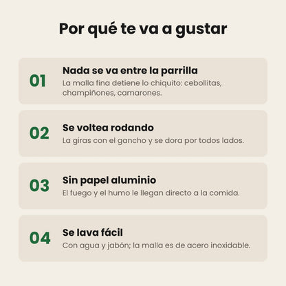 Beneficios de la canasta rodante: nada se cae, se voltea rodando, sin papel aluminio, se lava fácil