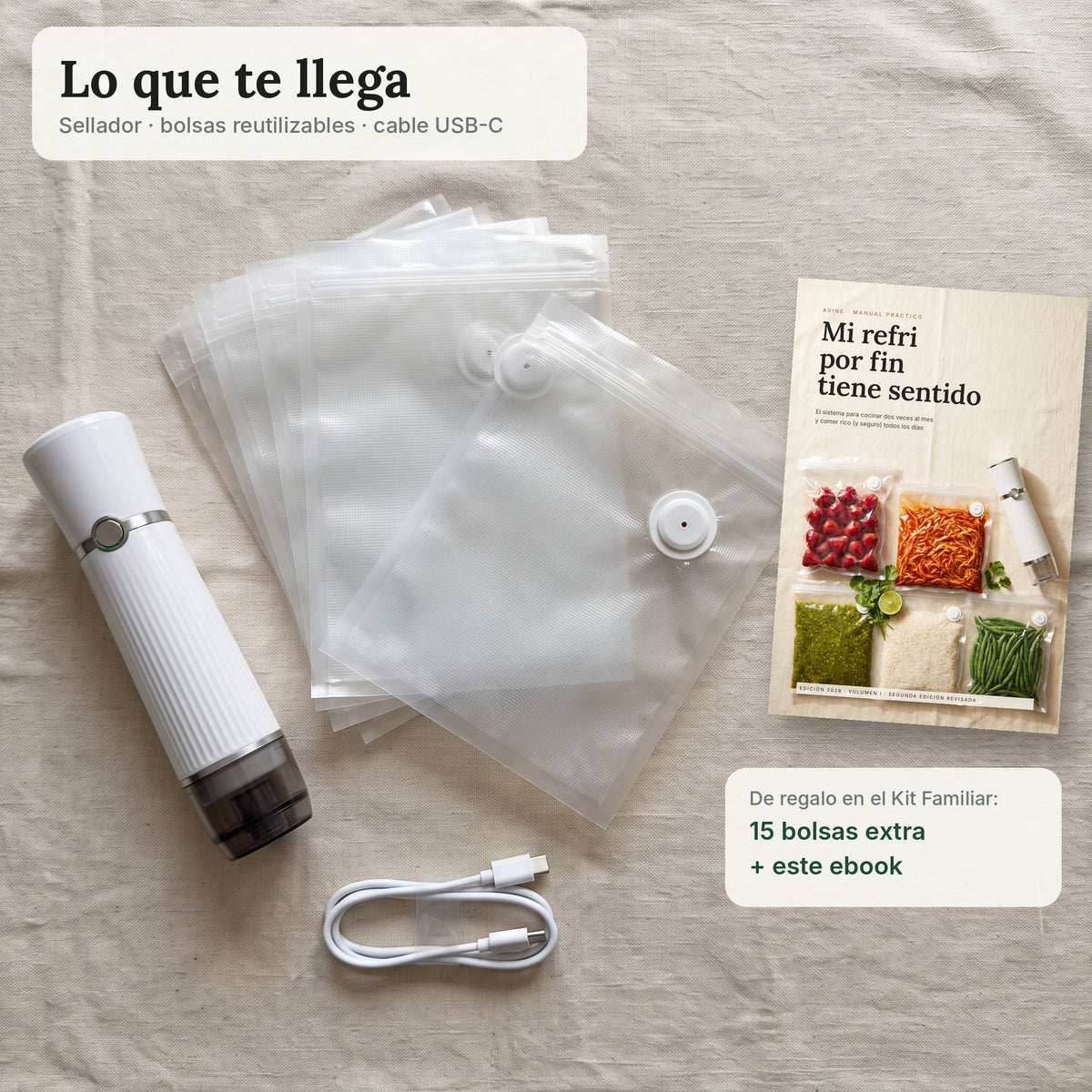 Lo que te llega: sellador, bolsas reutilizables y cable USB-C; en el Kit Familiar, 15 bolsas extra y el ebook Mi refri por fin tiene sentido de regalo