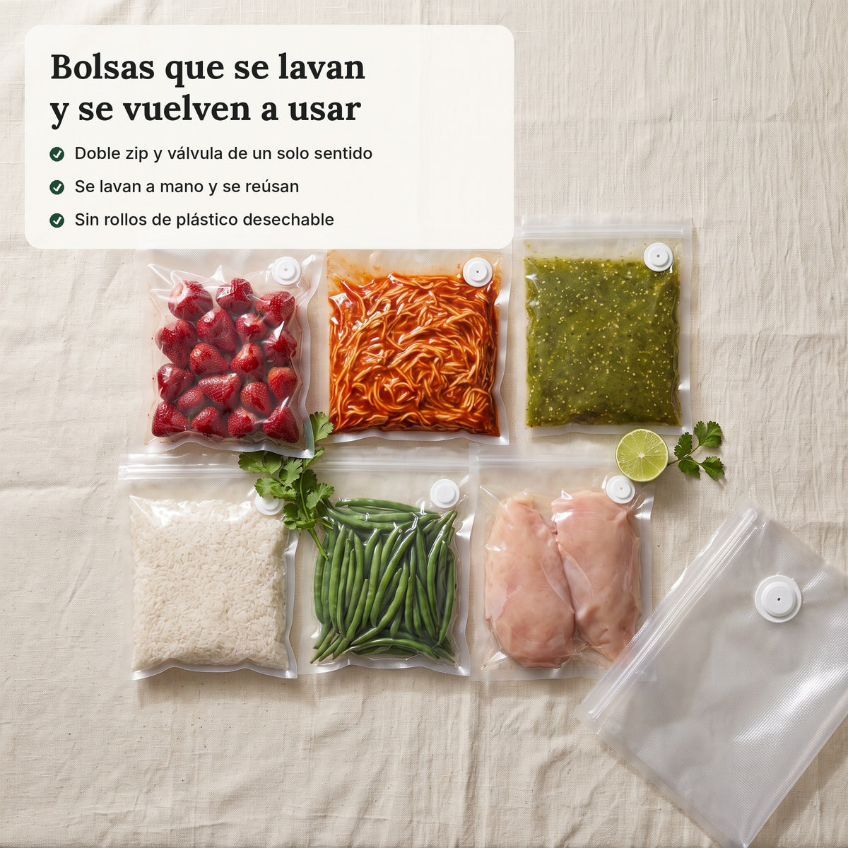 Bolsas reutilizables con doble zip y válvula de un solo sentido