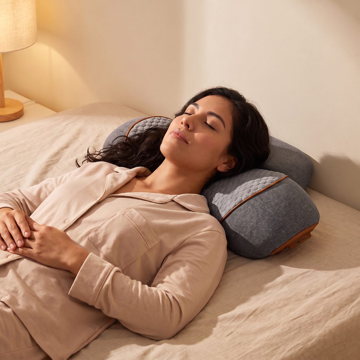 Mujer recostada con la almohada cervical en su cama