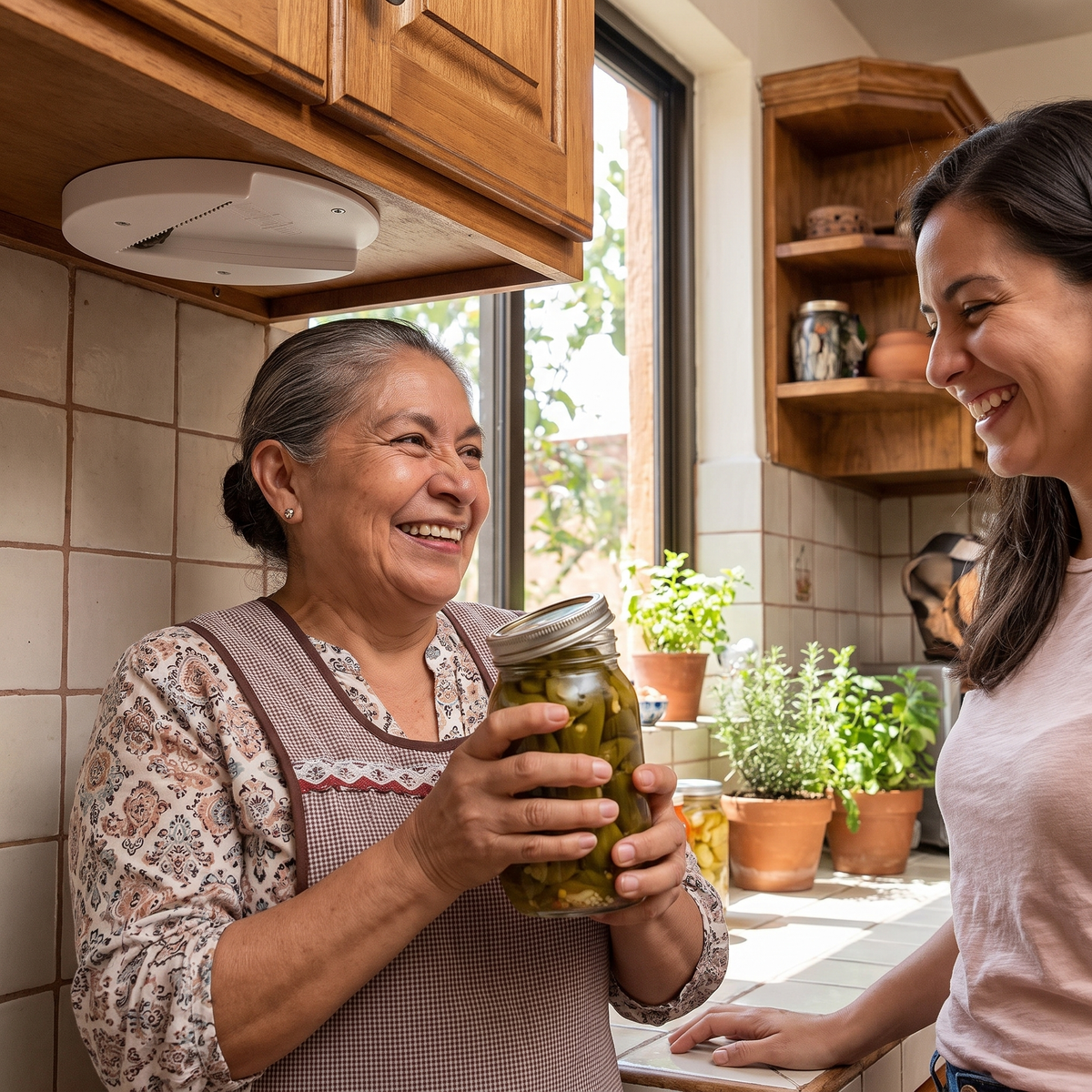 Mamá con su frasco de chiles en vinagre ya abierto, junto a su hija