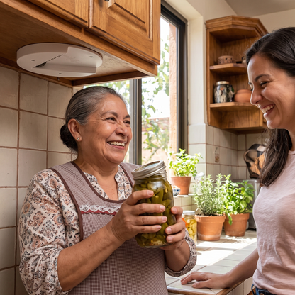 Mamá con su frasco de chiles en vinagre ya abierto, junto a su hija